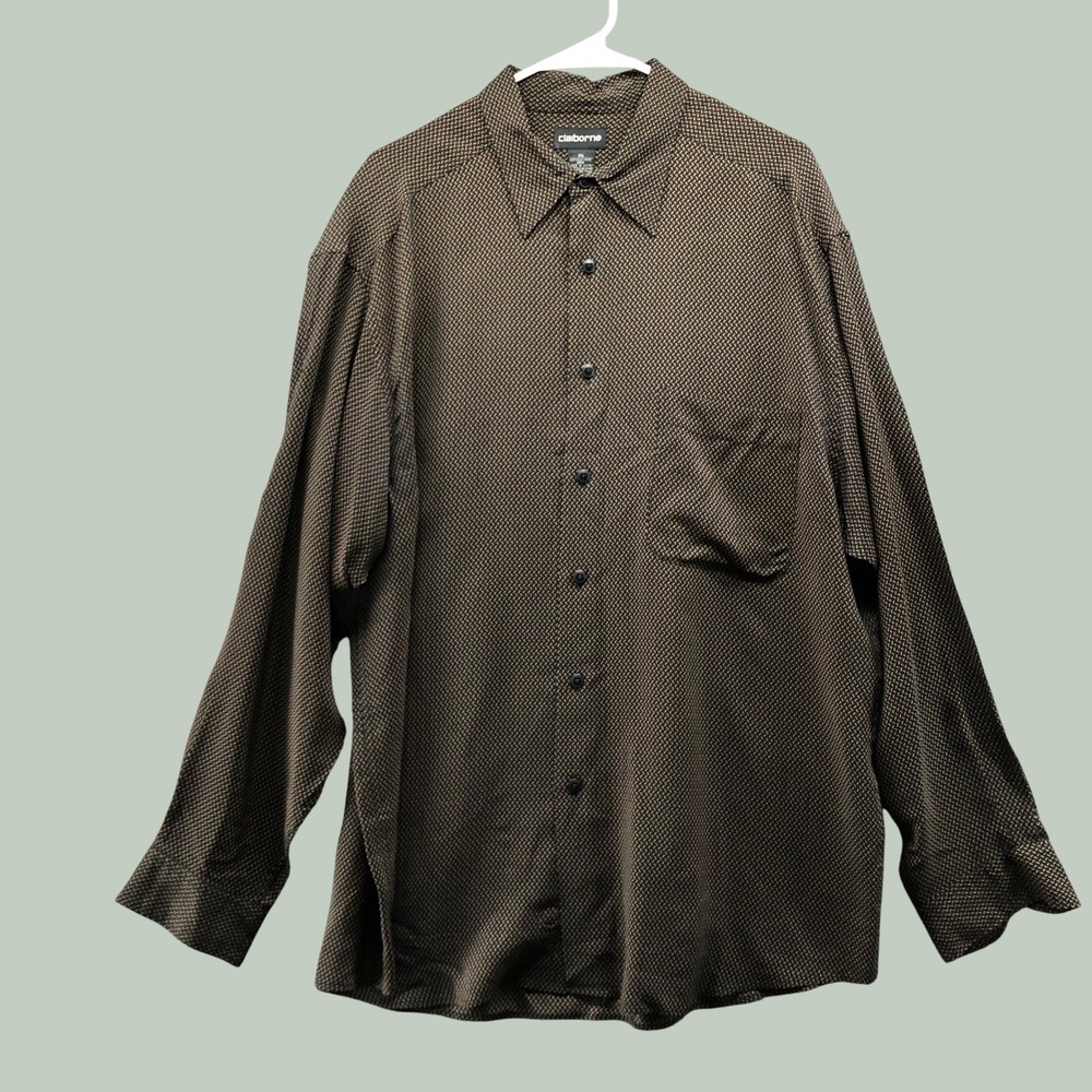 Vintage 90s Claiborne 100% Silk Shirt Mens XL Brown Geometric Print Long Sleeve